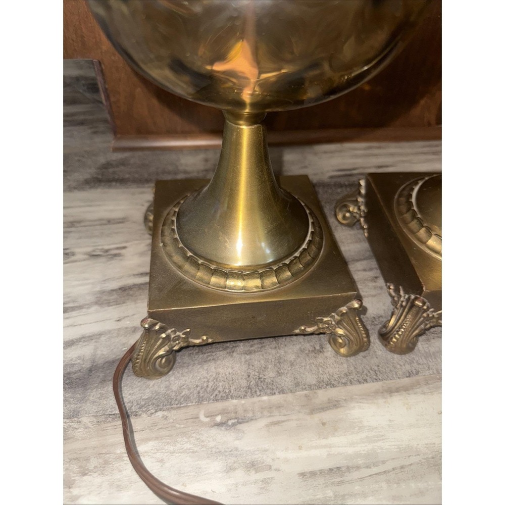 Set Of 2 Vintage Brass Table Lamps Amber Glass Globe 35" Tall 3-Way Ornate Base - Picture 9 of 16